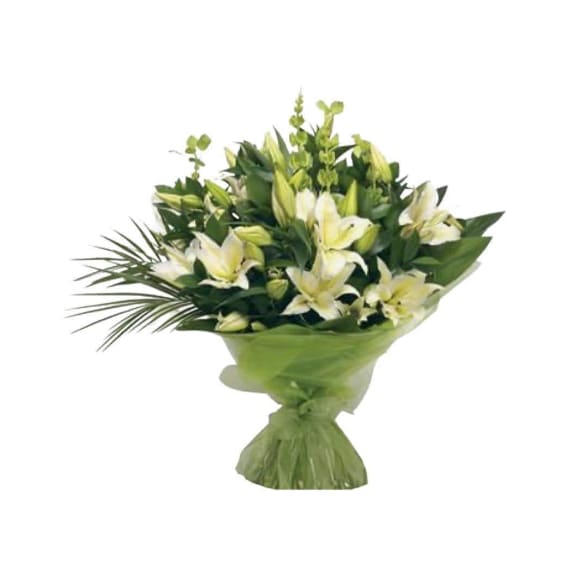 Beautiful Bouquet of White Lilies 8 Stems with fine foliage. Fine wrapping