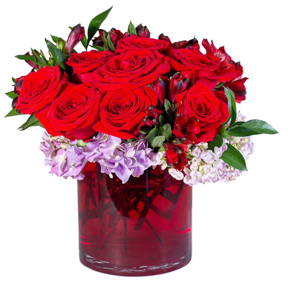 You inspire me. XOXO sends love. Red Roses and purple Hydrangeas make