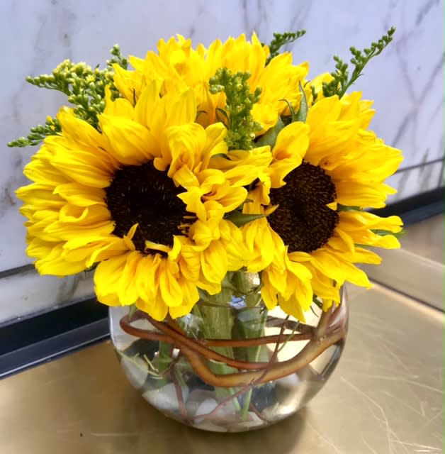  Premium Sunflowers in a glass bowl with green accents
