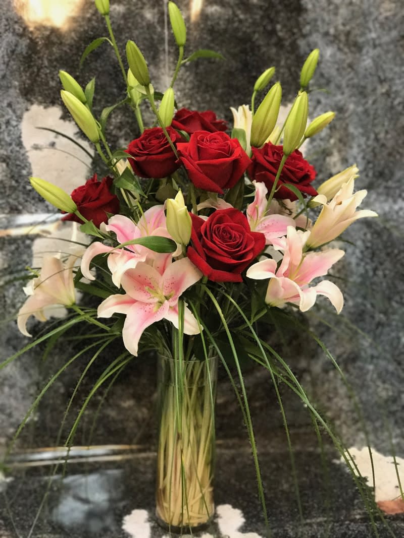 VCY003 Stargazer Lilies with Red Roses by Victoria Park Flower Studio
