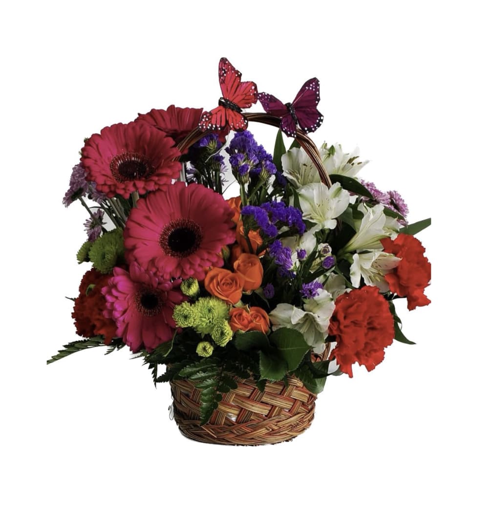 Beautiful basket with mixed of flowers such as gerbs, alstromelias, carnations and