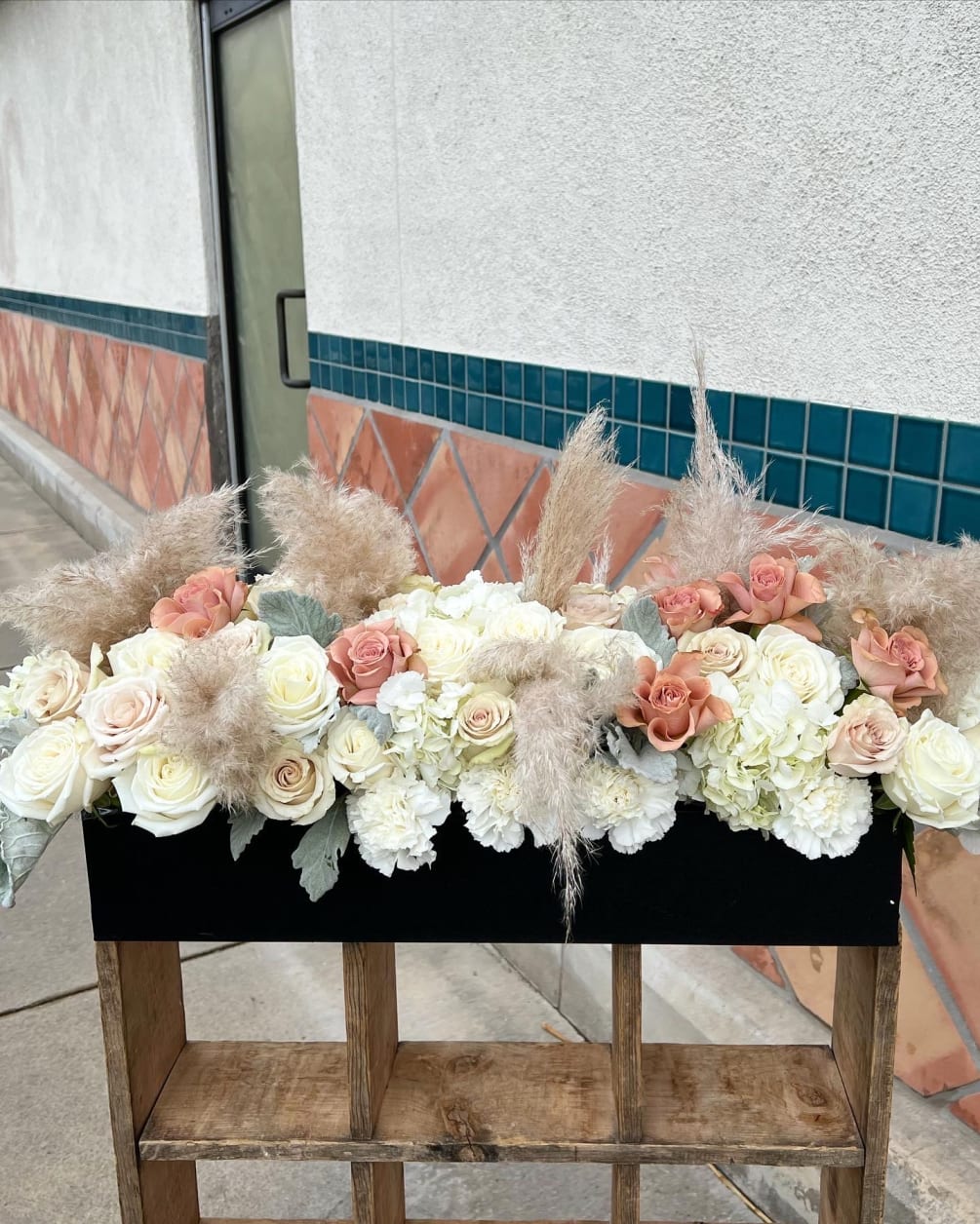2ft long box filled with hydrangea, roses, pampas, dusty miller in white
