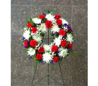 SMALL 21&quot; RED WHITE AND BLUE WREATH ON STAND. (FOR GRAVESIDE DELIVERY