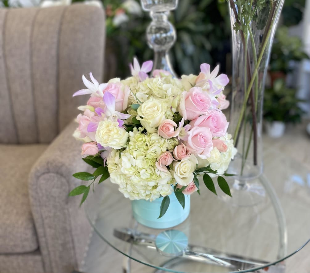 Sweet pastel arrangement in a 6&quot; cylinder vase