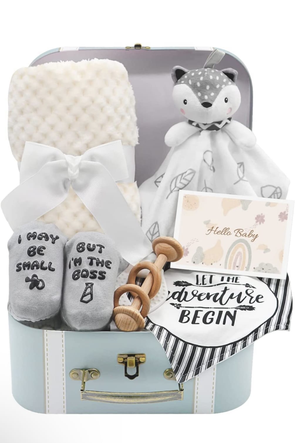 Baby Boy Gifts Basket included Newborn Baby lovely Security blanket wooden rattle