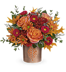 Orange roses, red matsumoto asters, bronze cushion spray chrysanthemums and bronze daisy