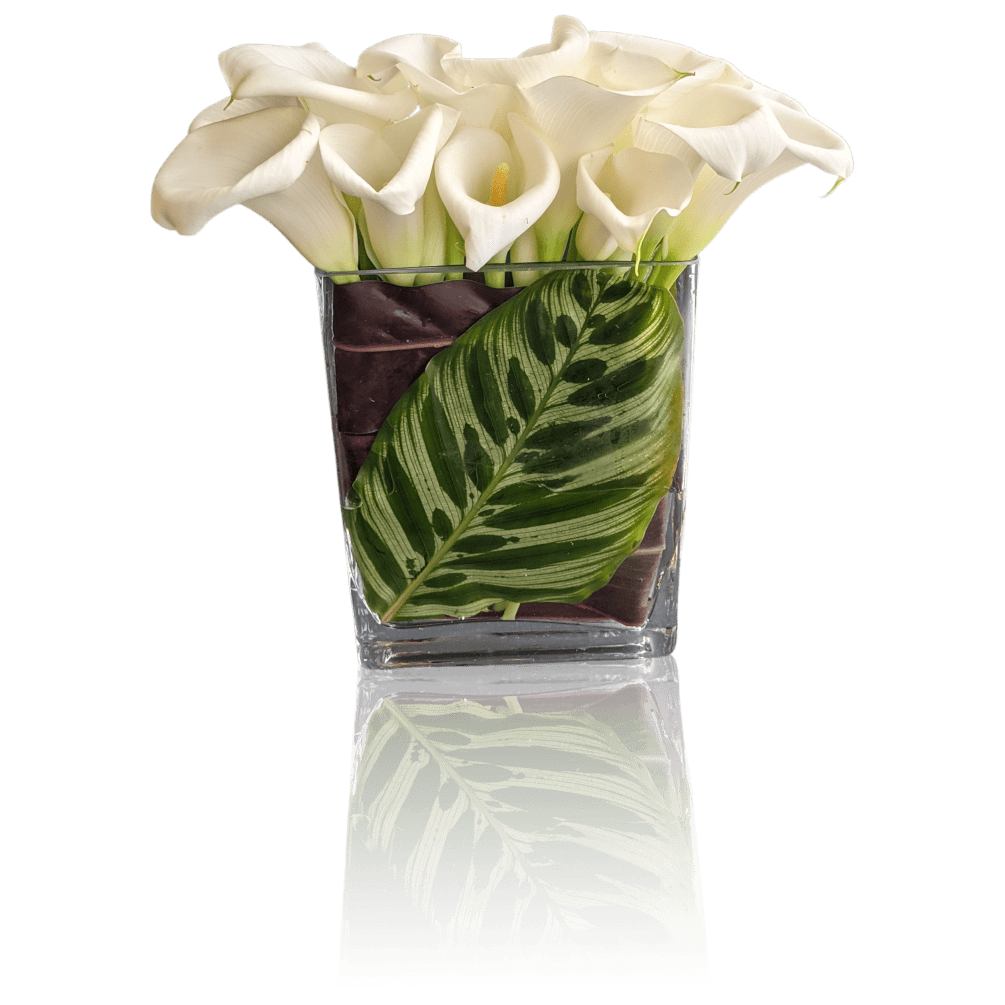 Shown here in white, with tropical leaves, this arrangement is available in