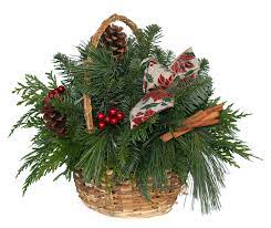 Basket with evergreens and accents of cones, berries and bows
