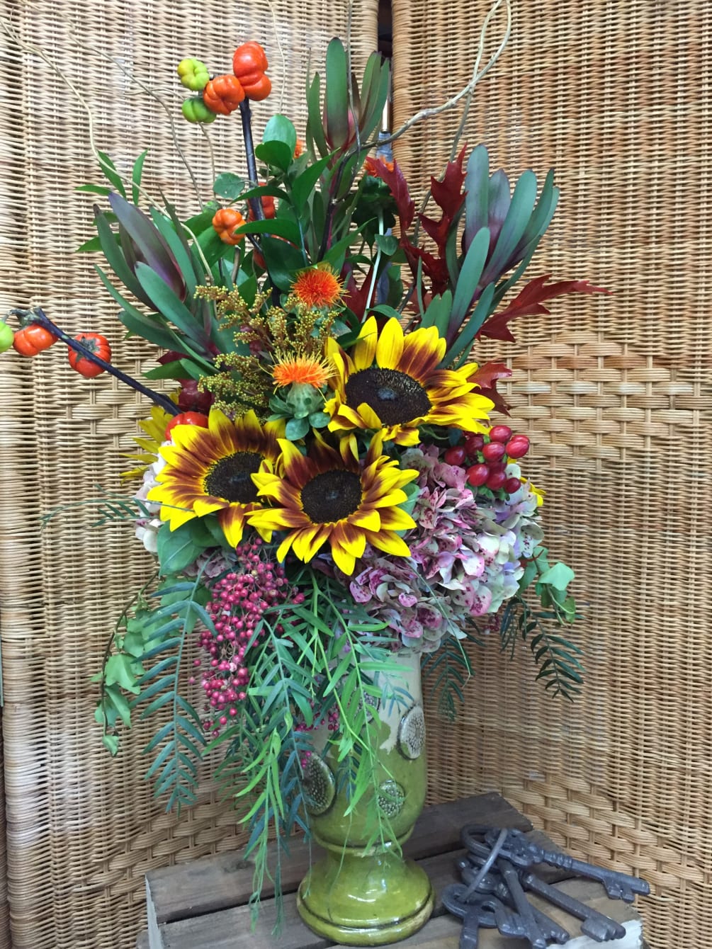 Beautiful Fall Arrangement with Sunflowers and Vintage Hydrangeas 
