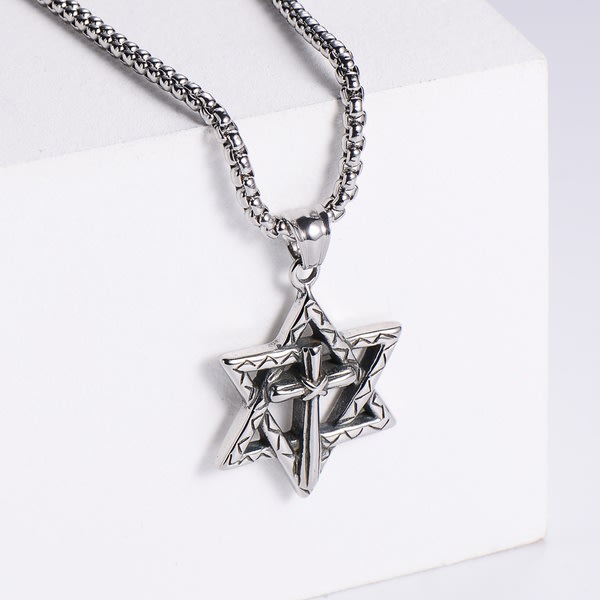 Stainless Steel Star of David and Cross Pendant with Neck Chain 24&quot;