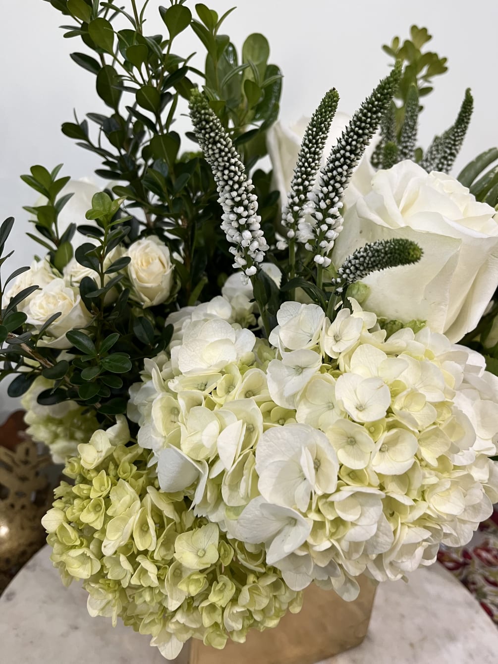 Gold Vase with Hydrangea and Roses by Hawk and Sparrow Flowers