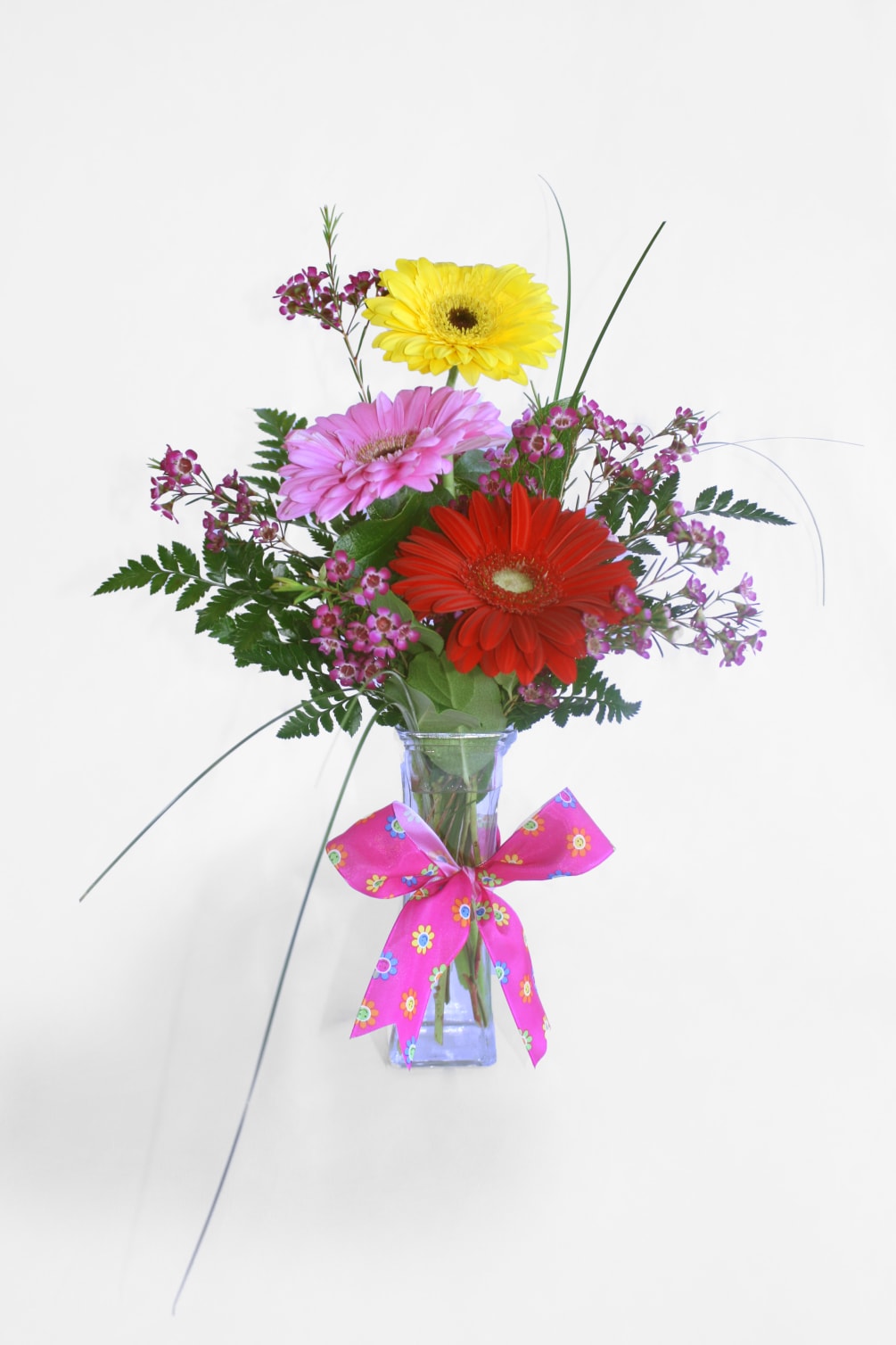 3 colorful Gerbera Daisies with waxflower and bear grass in a glass