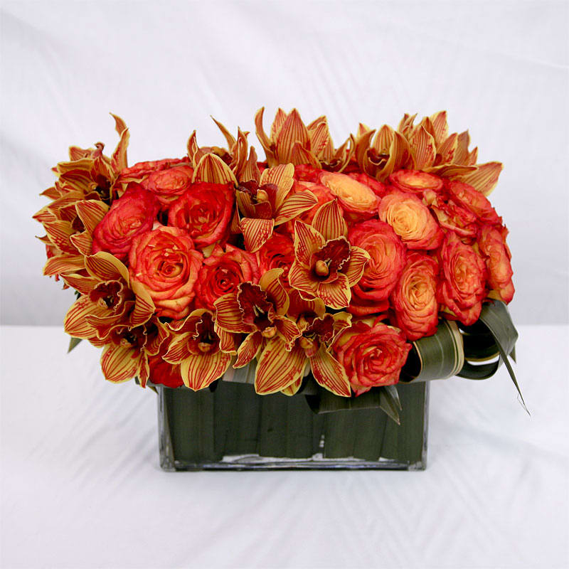 Orange circus roses and rust-colored cymbidium orchids in a simple glass vase