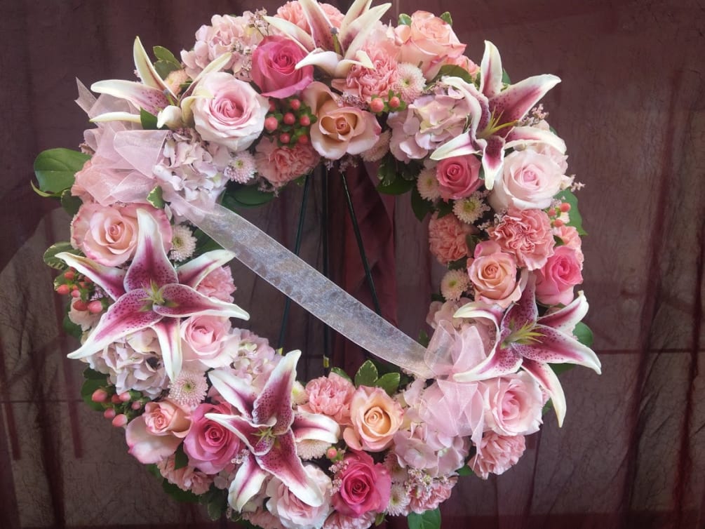 A beautiful funeral wreath to celebrate a loved one in shades of
