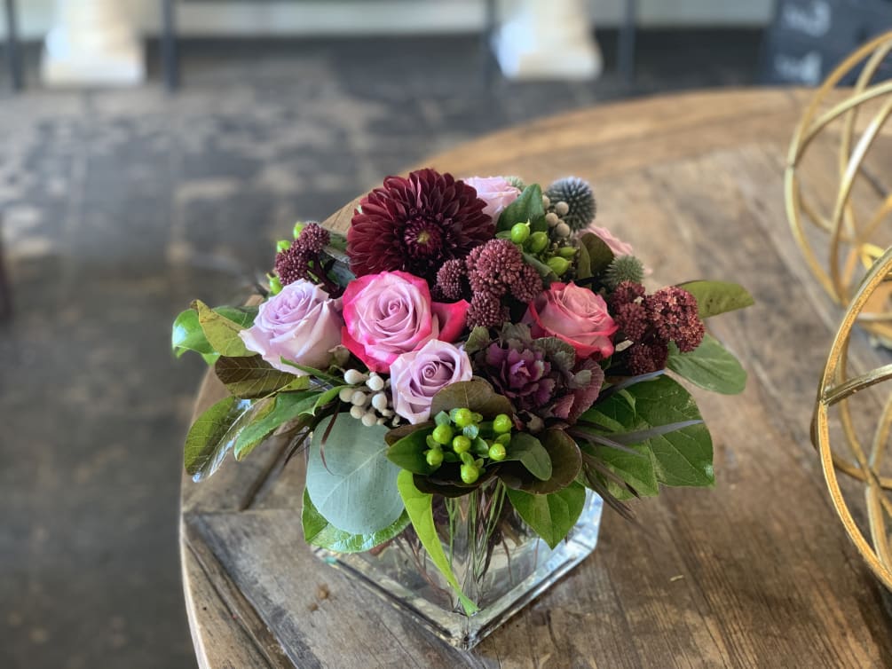 Gorgeous mixed bouquet of purple stock, daisies and a beautiful pink hydrangea