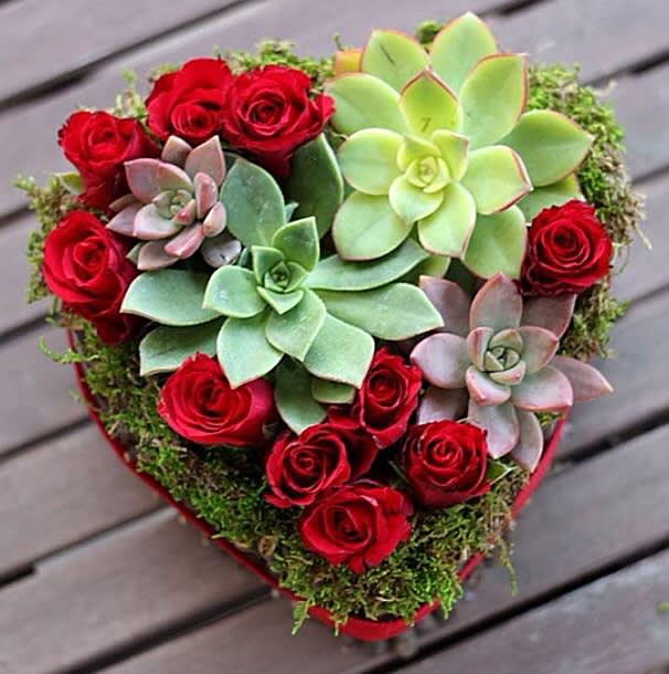 Heart form with beautiful red roses and succulents with moss
