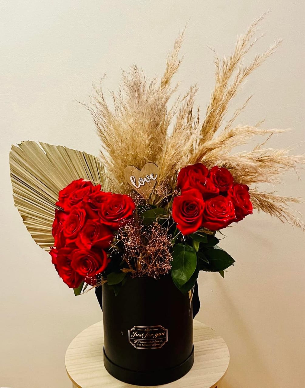Red Roses, Pampas Grass, Hat Box