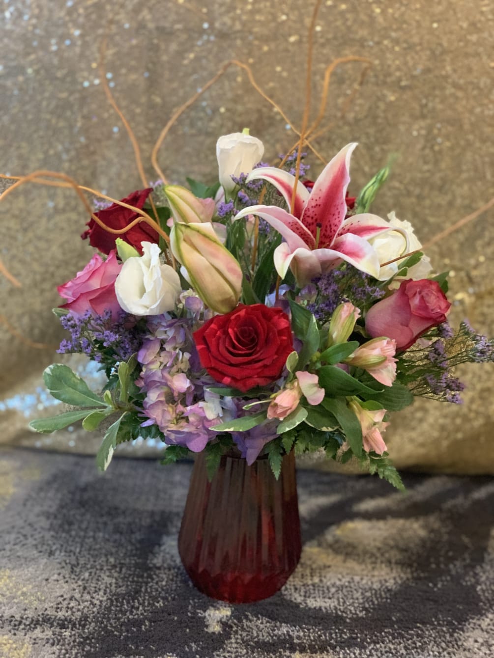 Roses, Lilies, And Hydrangea Arranged in Red Glass Vase ! 