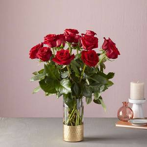 TRADITION DOZEN ROSES IN A GOLD DIPPED VASE