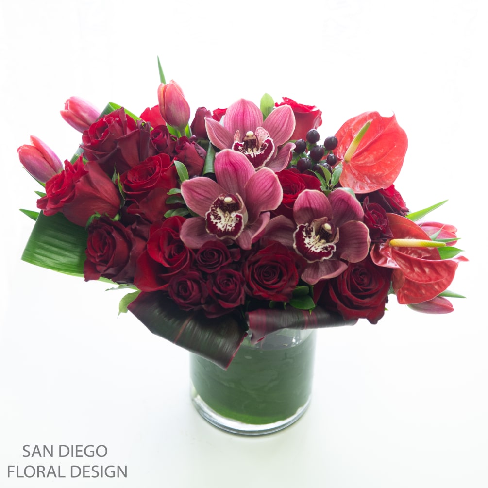 Beautiful and modern vase of Ecuadorian red roses, Scarlett spray roses, cymbidium