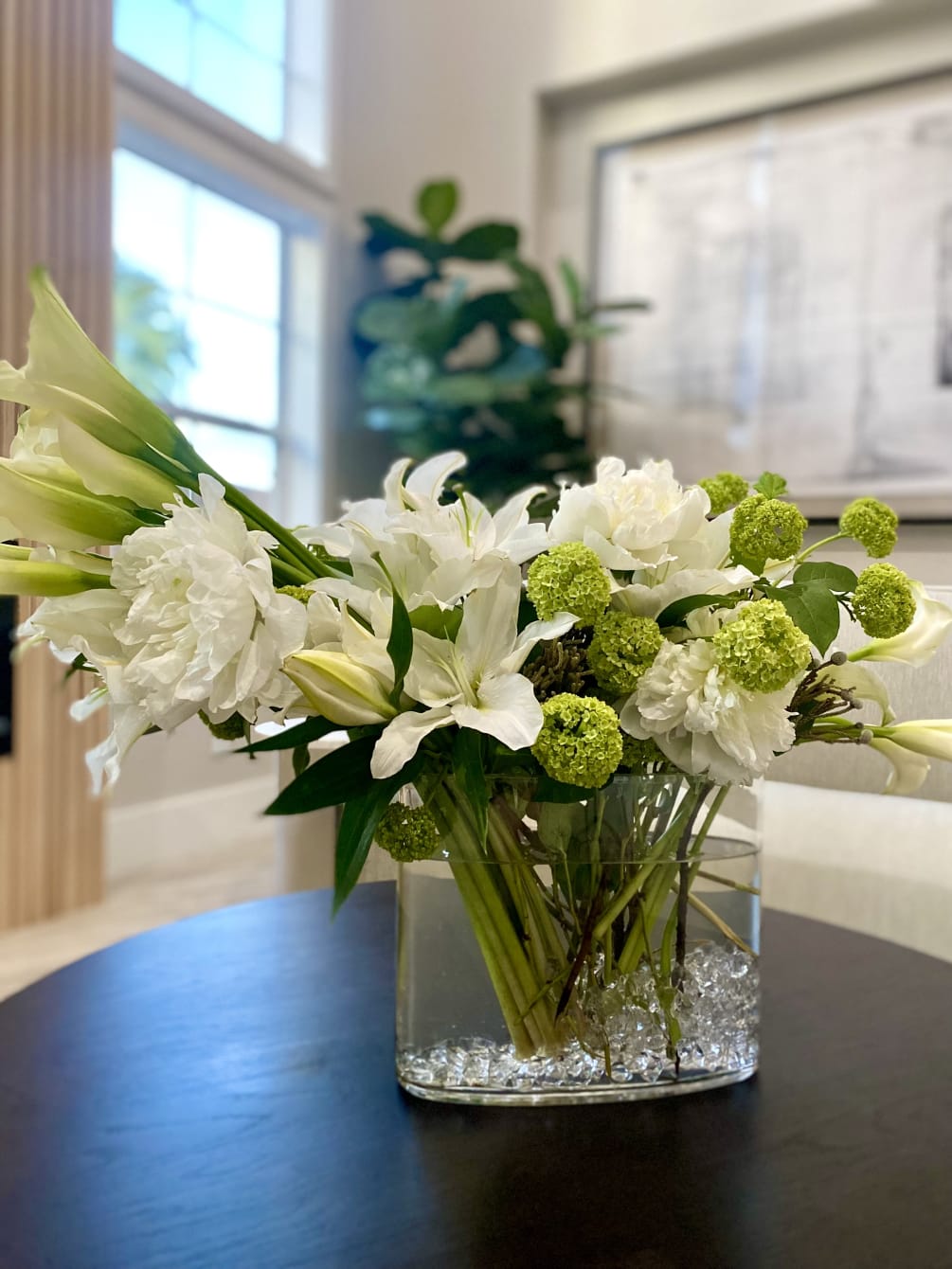 White calla lilies , white roses with green viburnum and white lily&#039;s