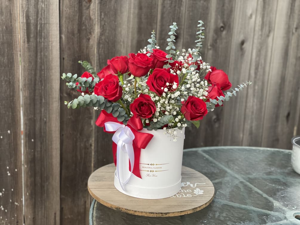 Large Size Roses box around 14-16 red roses with eucalyptus and million