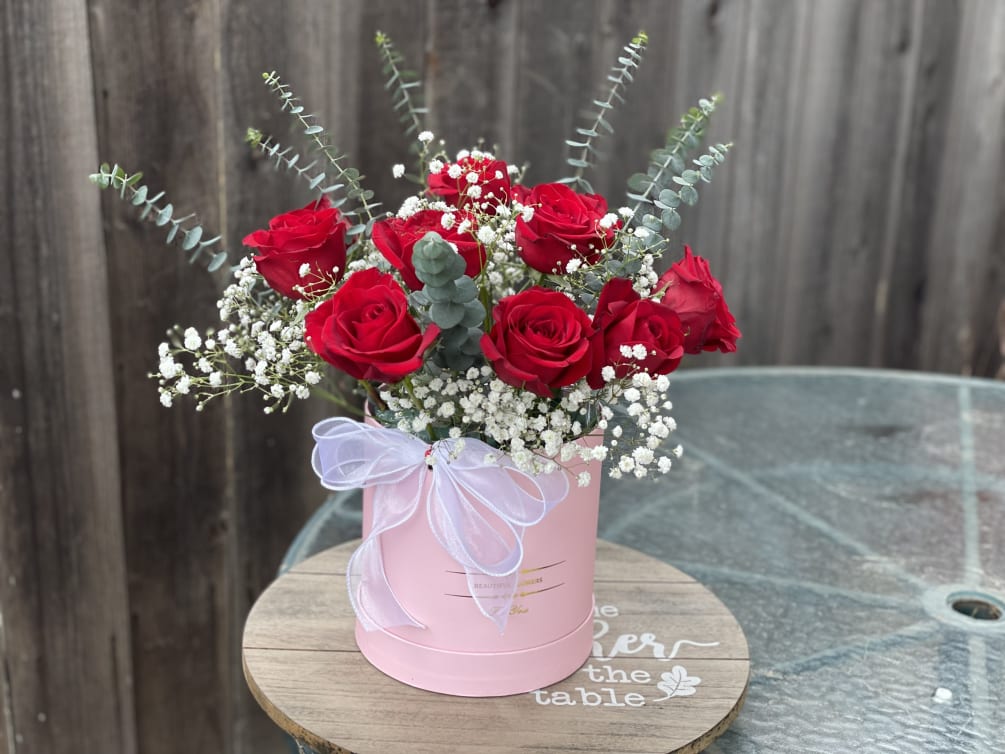 Medium Size Roses Pink box  9  red roses with eucalyptus