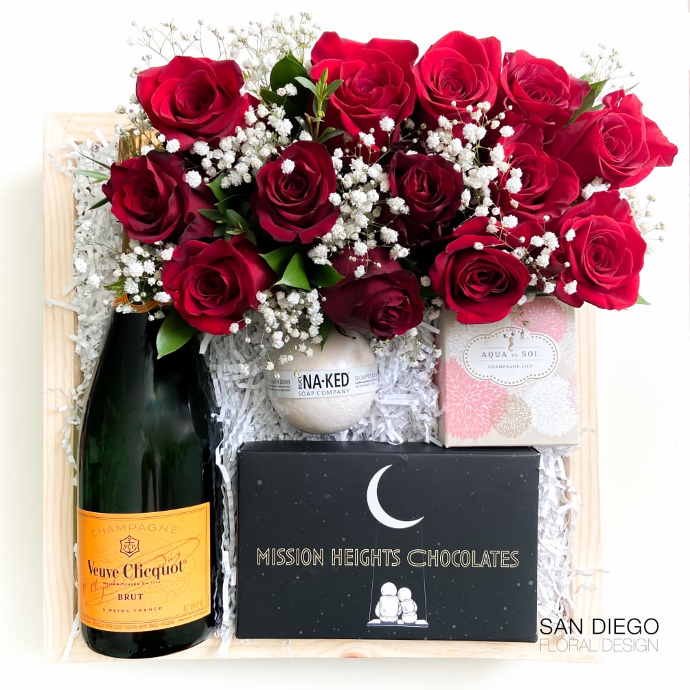 The classic elegance of Champagne, red roses, gourmet chocolate truffles and a