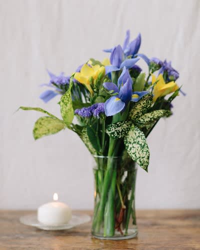 A mix of blue iris, yellow freesia, and purple statice in a