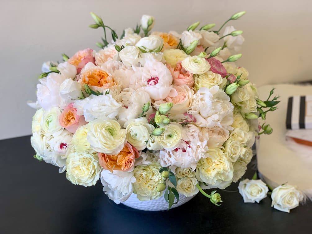 Luxury, Chic Flower Design with Peonies, Ranunculus, Garden Roses, Lisianthus and mixed