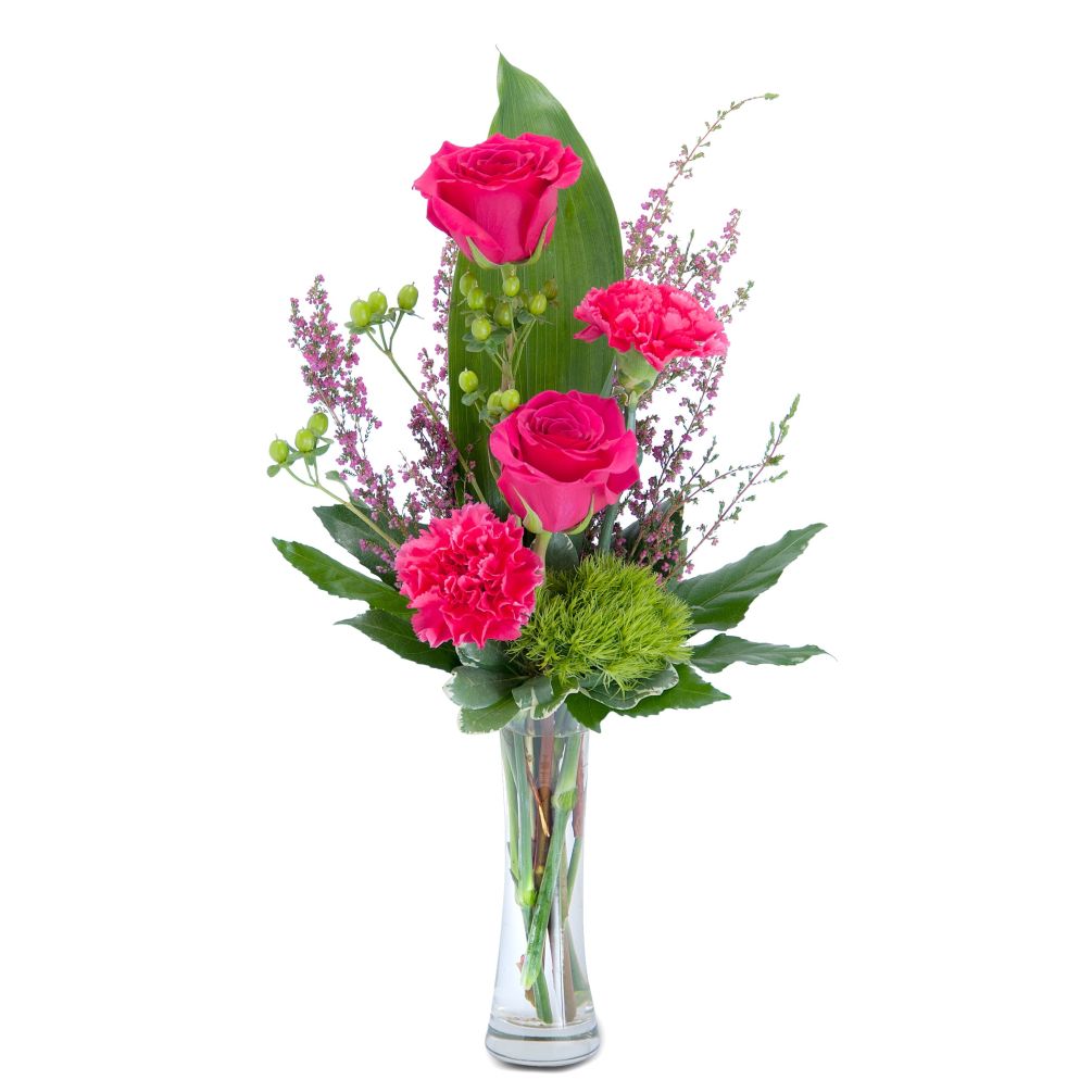 Bright pink roses and carnations combine with green dianthus, hypericum berries and