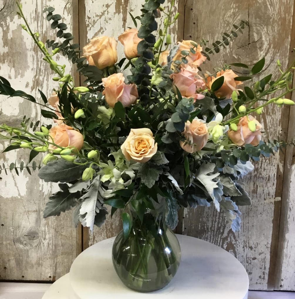 Peach Roses, White Orchids, Eucalyptus and Dusty Miller 