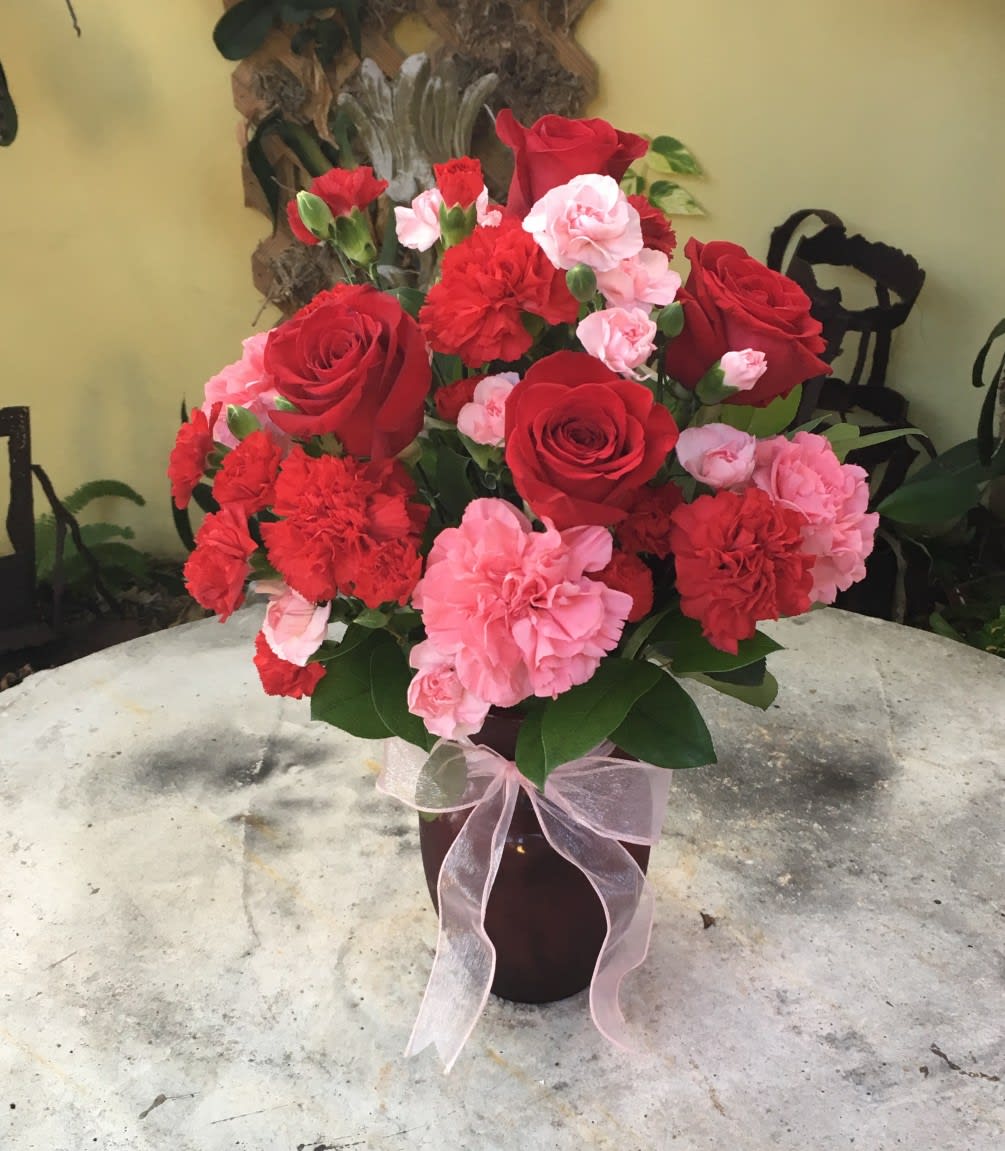 Sweet and Romantic Arrangement designed with Red and Pink Carnations, Red and