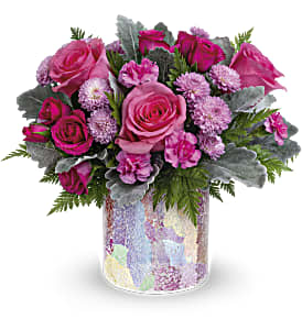 HOT PINK AND LAVENDER ROSES WITH DUSTY MILLER AND LEATHER LEAF FERNS