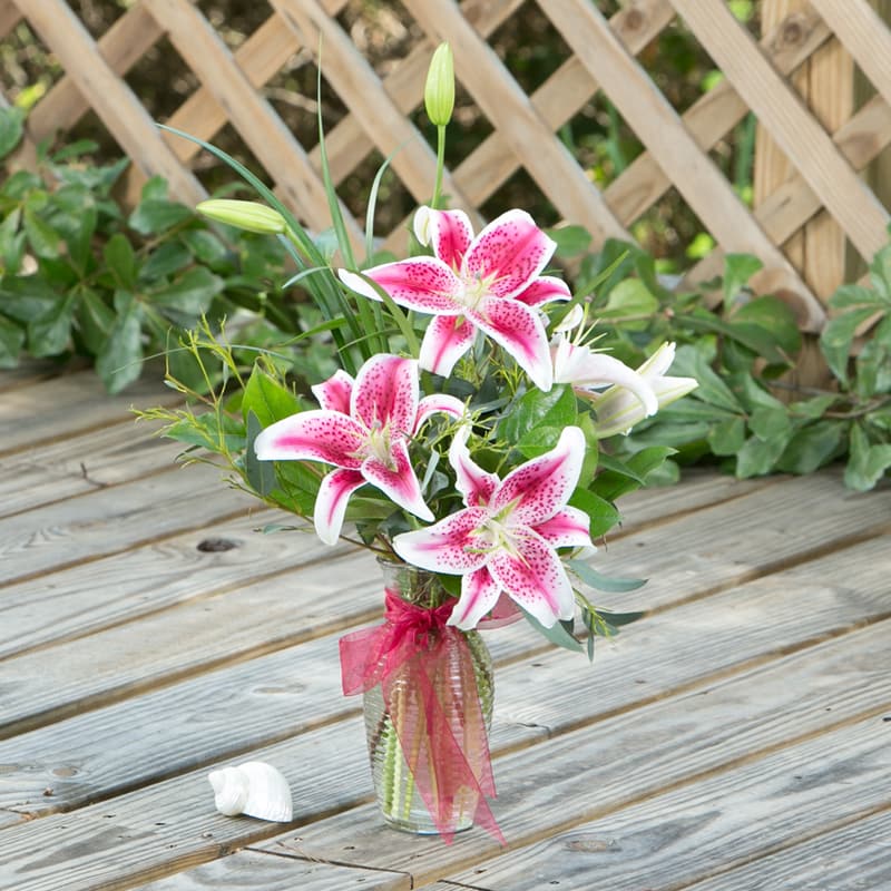 Simple, yet beautiful arrangement showcasing pink stargazer lilies with clear vase and
