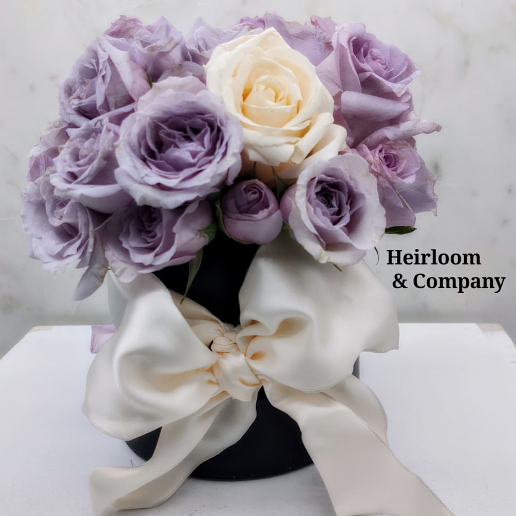The hatbox with lavender spray roses, and our most premium of roses