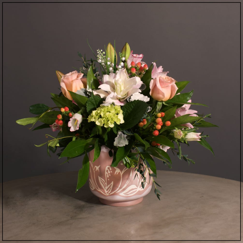 Roses, Berries, Hydrangea, Lillies, Campanula, Dusty Miller and Faux Lily of the