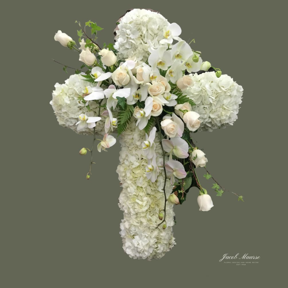 Sympathy white Hydrangeas and white roses, with a delicate detail of white