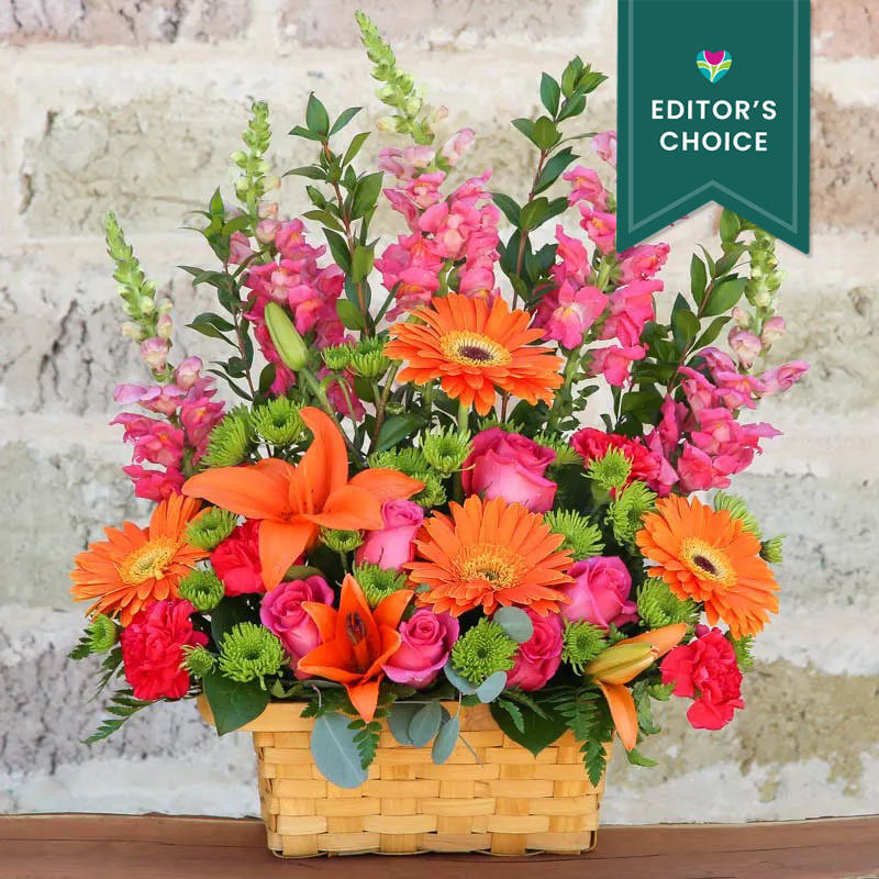 BRILLIANT COLOR FLOWER BASKET THAT WILL DELIGHT JOY, HAPPINESS, ANYONES DAY.