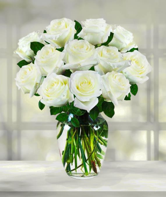 Beautiful half dozen (6 ROSES) white rose bouquet arranged in a clear