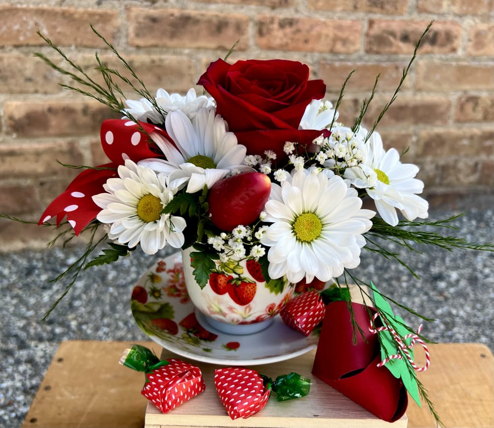 Strawberry Teacup by A Summer's Garden Florist