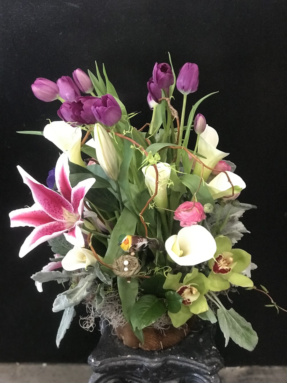 Tulips, Calla lilies, cymbidium orchids, Stargazer lilies