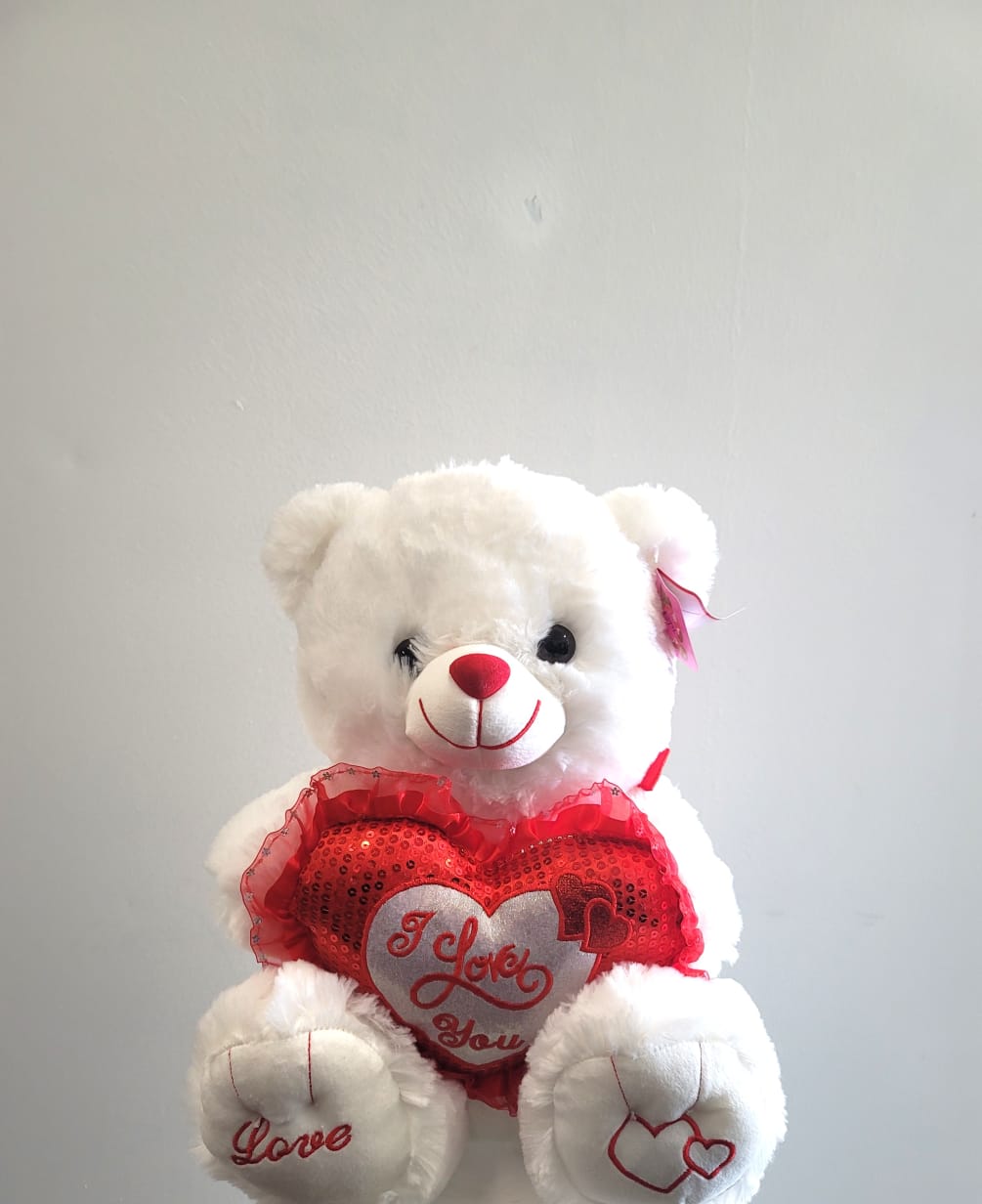 med white teddy bear with i love heart by Xochitl Flowers & Gifts
