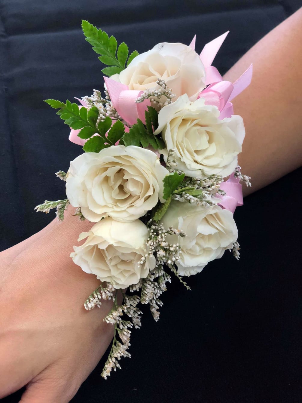 Wrist Corsage (White Flowers & Pink Ribbon) by Bee's Flowers