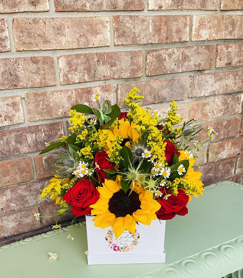 sunflowers, roses, different types of greenery