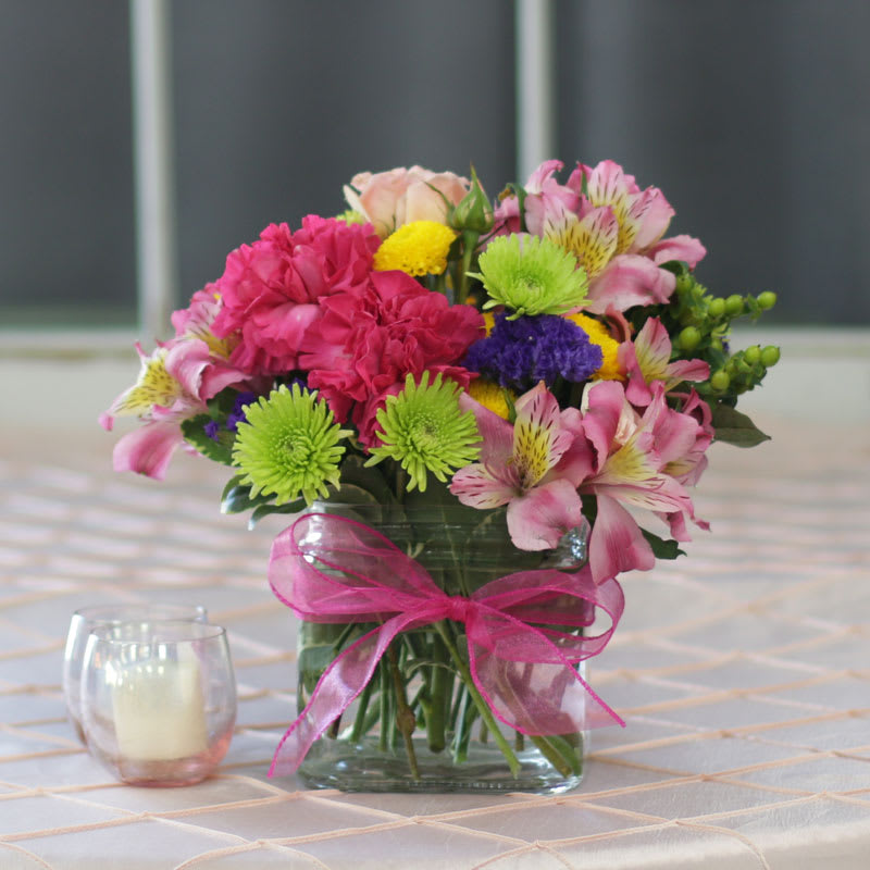 Arrangement with Pink Alstromeria and Carnations, Purple Statice, Green and Yellow Buttons