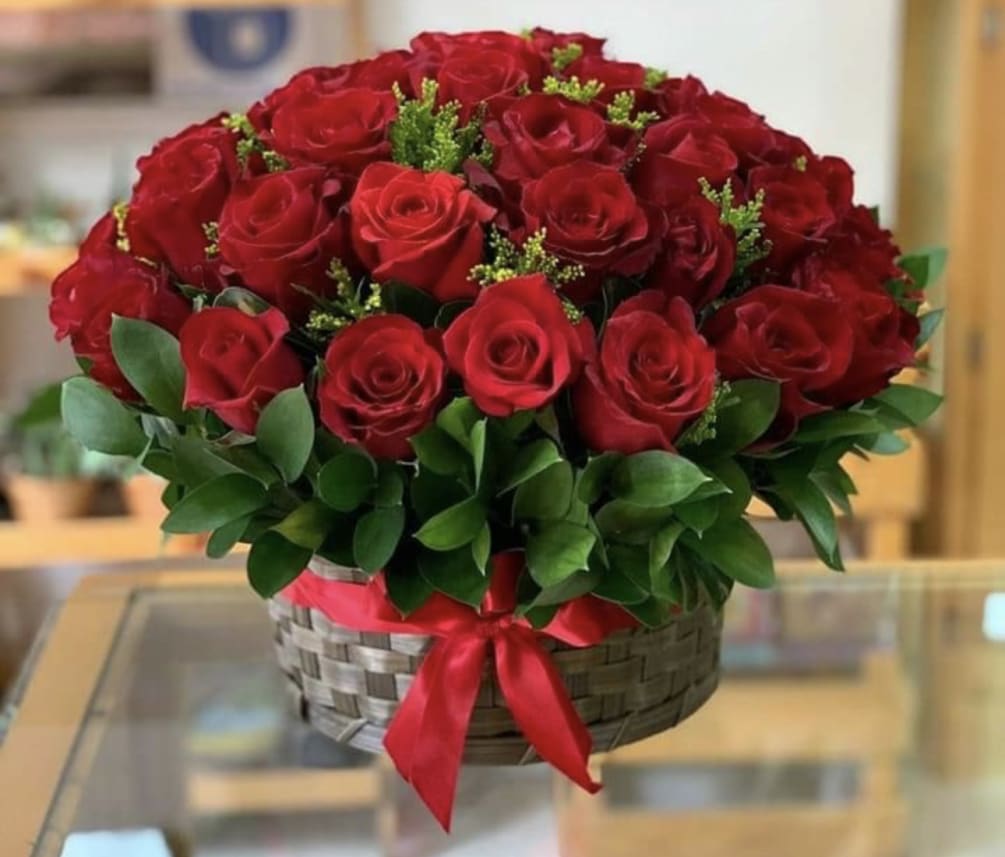 Gorgeous Rose Basket! This beautiful arrangement will arrive with pure roses and