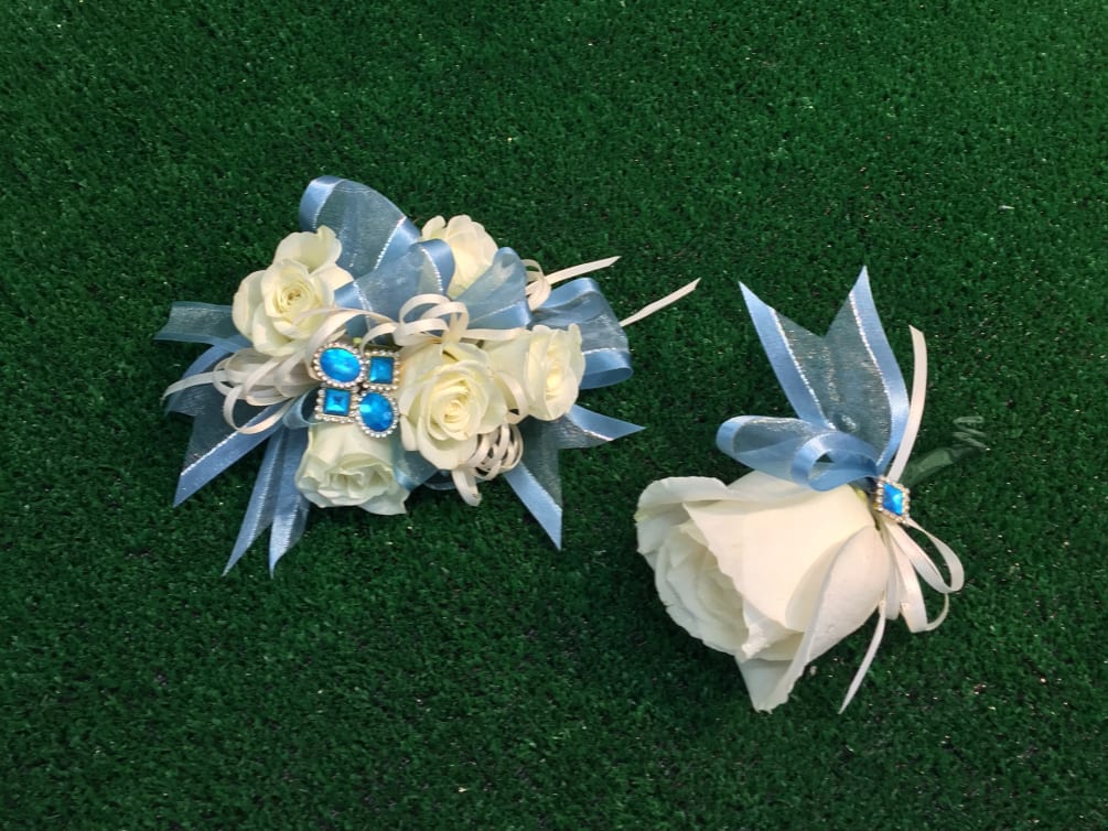 Wrist Corsage + Boutonniere 11 by Huntington Flowers