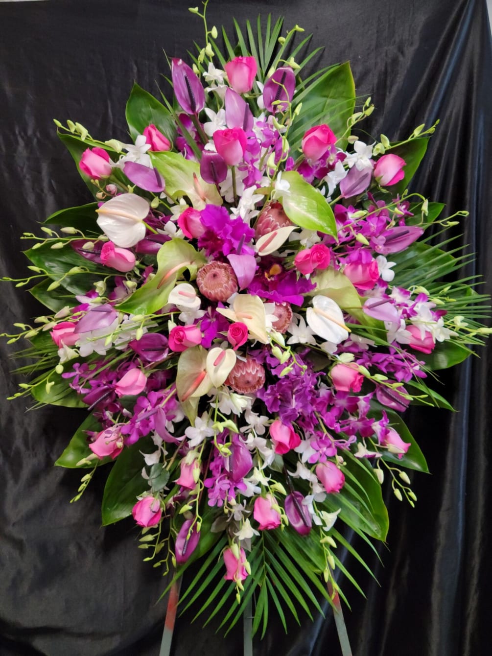 Dark pink roses. Purple Arc &amp; white &amp; Obake Anthuriums with Duchess