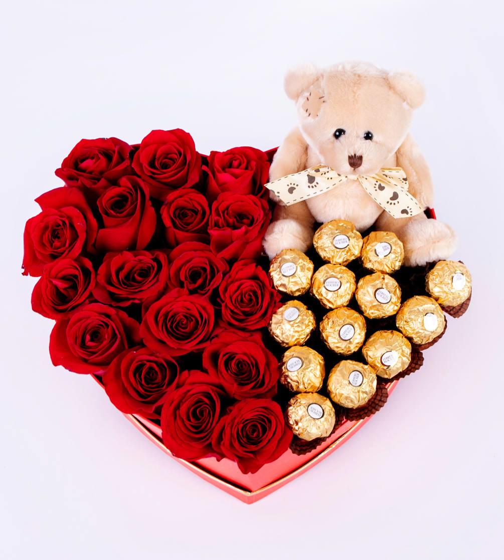 Roses, Ferrero Rocher Hazelnut and a teddy bear 
